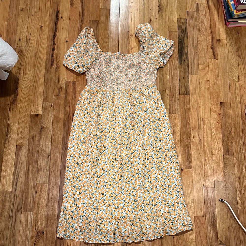 NWOT J. Crew Factory Smocked Midi Dress Peach Print - Picture 2 of 5